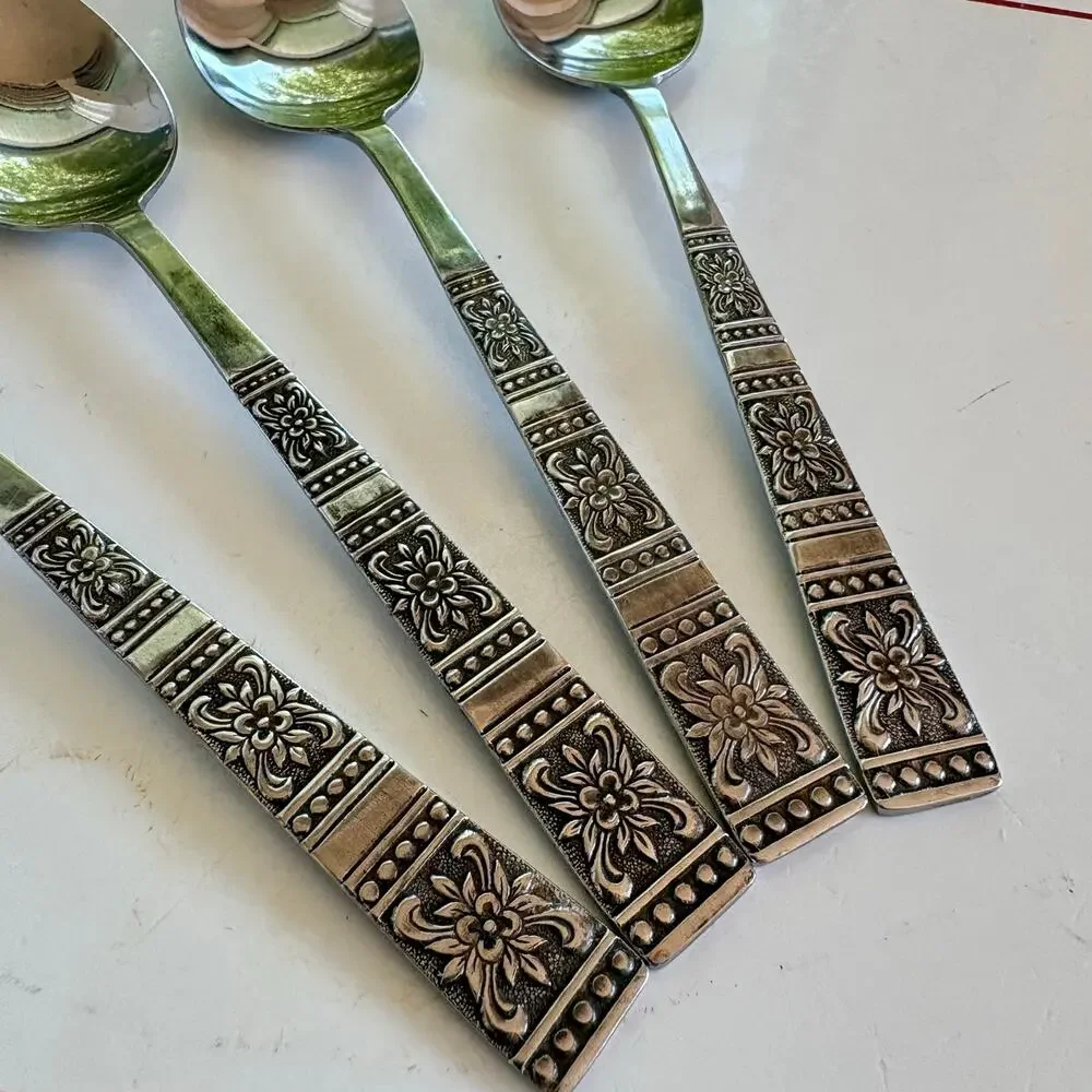 Vintage Tremont Japan Floral Teaspoons Set of 4 MCM Stainless Flatware